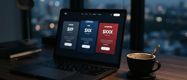 Laptop showing abstract pricing plan cards beside a coffee cup, illustrating different IPTV subscription types