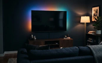 Large blank television in a dark living room casting a colourful glow onto the wall behind a sofa