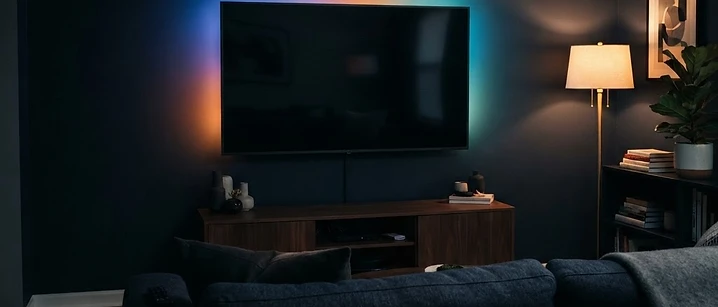 Large blank television in a dark living room casting a colourful glow onto the wall behind a sofa