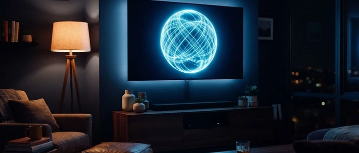 Television showing a glowing globe made of light lines in a dark living room, illustrating international IPTV channels for expats in the UK