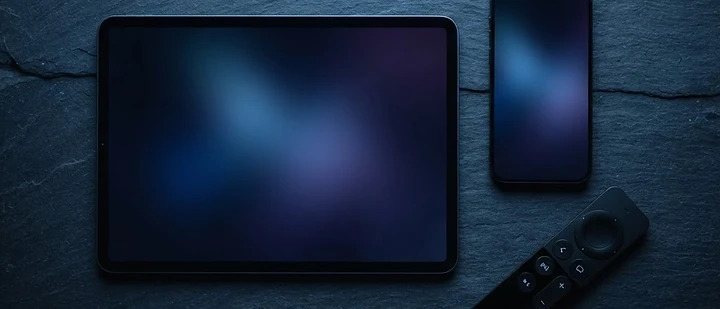 Television remote control beside a smart speaker on a dark side table