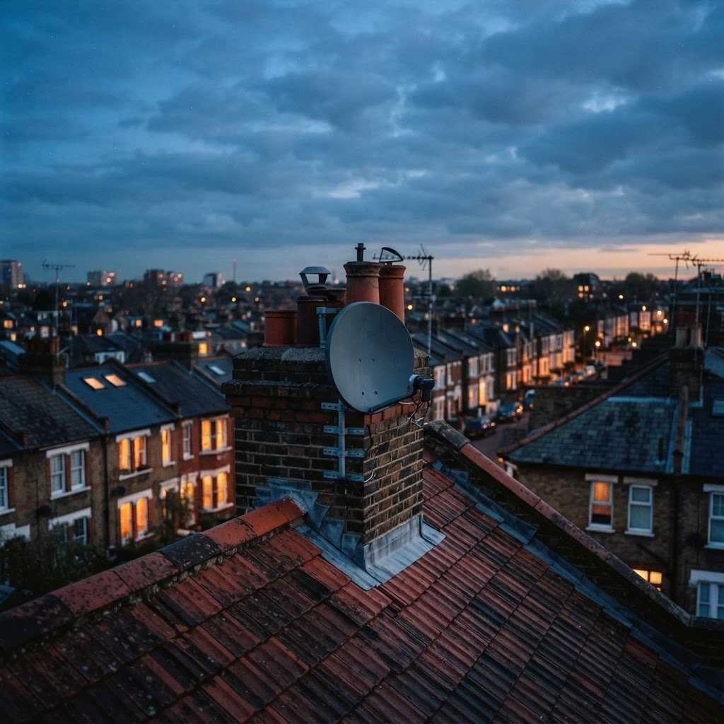 Satellite dish on a British rooftop at dusk, illustrating how IPTV differs from traditional broadcast television