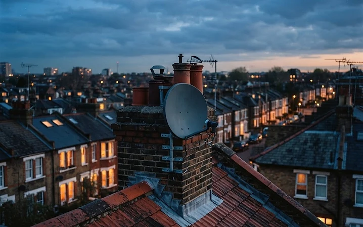 Satellite dish on a British rooftop at dusk, illustrating how IPTV differs from traditional broadcast television