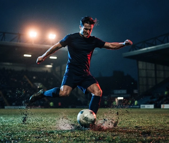 Footballer striking the ball under dramatic stadium floodlights