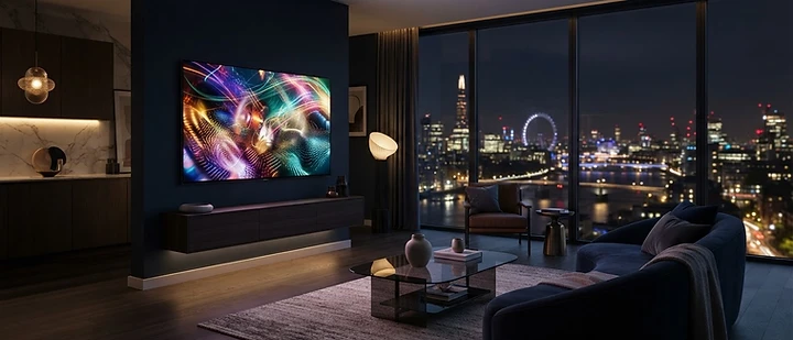Modern living room television showing a live channel browsing interface