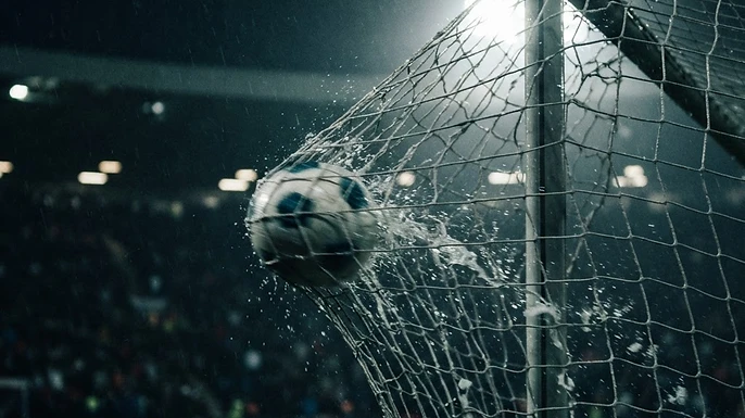 Football striking a goal net under floodlights, illustrating the motion demands of live IPTV sports streaming