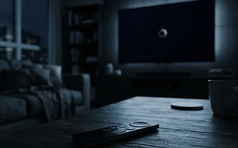 Dim living room with a television showing a loading spinner and a remote control in the foreground