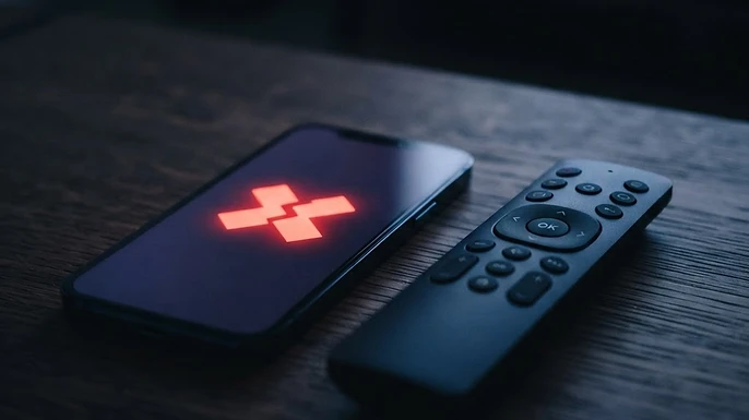 Smartphone and remote control with an error indicator on a dark surface, illustrating how to diagnose ISP filtering of IPTV