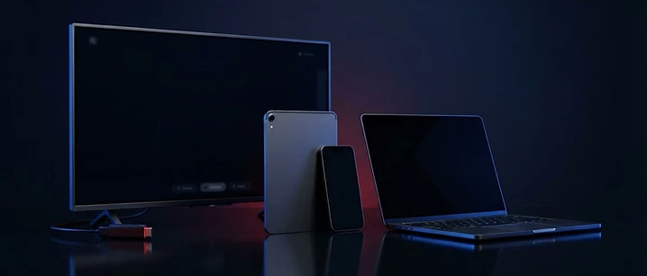 Range of streaming devices including a television, tablet and smartphone arranged on a dark surface