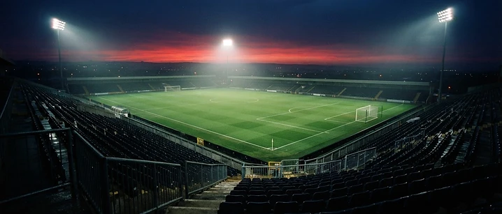 Empty floodlit football pitch at dusk seen from the stands