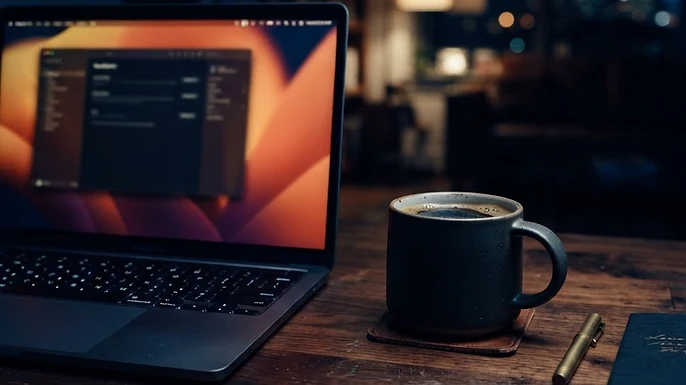 Coffee cup beside a laptop on a dark desk at night, illustrating community IPTV research