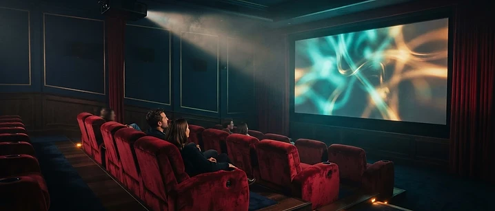 Cinematic dark room with warm ambient lighting and a television screen glowing in the background