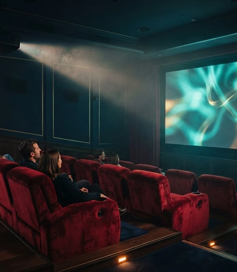 Private cinema room with red velvet seats and a glowing projector beam