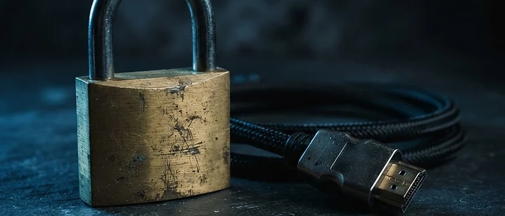 Unplugged HDMI cable beside a brass padlock on a dark slate surface under cool blue light