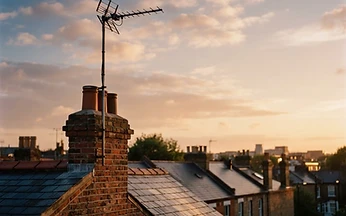 Television aerial on a red brick British rooftop at dusk, illustrating free-to-air UK channels on IPTV
