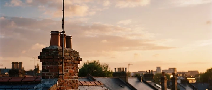 Television aerial on a red brick British rooftop at dusk, illustrating free-to-air UK channels on IPTV