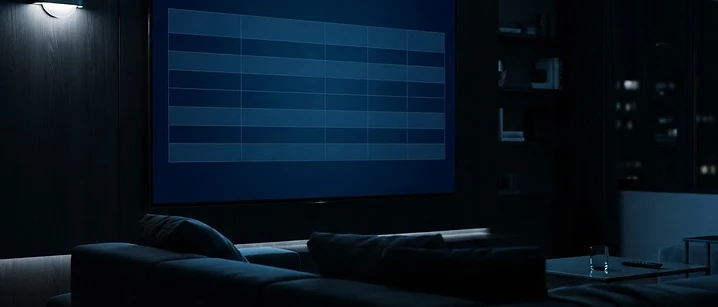 Television in a dark living room showing an empty blue grid layout resembling a blank schedule