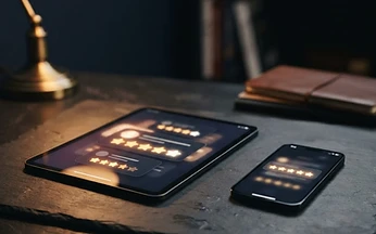 Tablet and smartphone showing star rating review cards on a desk, illustrating how to check IPTV reviews in the UK
