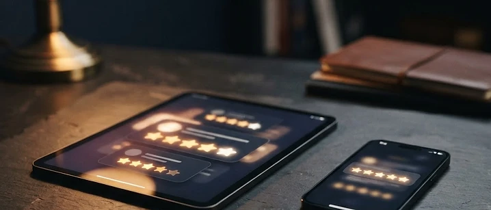Tablet and smartphone showing star rating review cards on a desk, illustrating how to check IPTV reviews in the UK