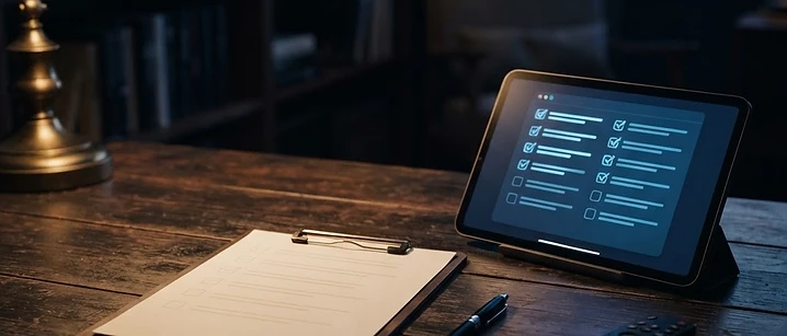Clipboard with a checklist beside a tablet and remote control, representing an IPTV buying guide checklist for UK viewers