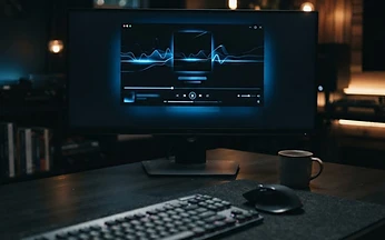Desktop monitor showing a dark media player interface on a desk, illustrating IPTV playback on a Windows PC in the UK