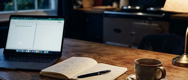 Kitchen table in the evening with an open laptop, a notepad, a calculator and a mug of tea