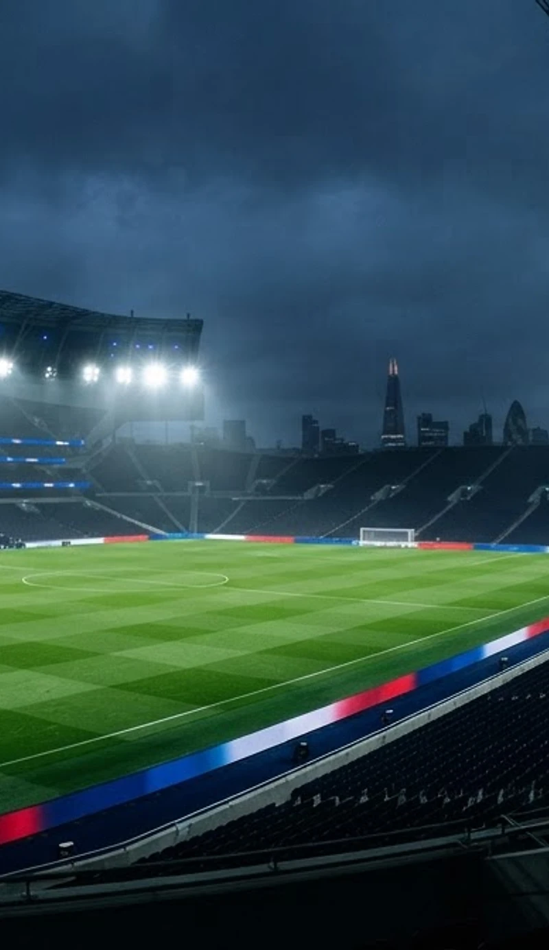 Floodlit British football stadium at night with the London skyline in the distance
