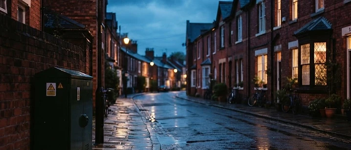 Red brick British terraced street at dusk with a broadband street cabinet, illustrating ISP blocking of IPTV in the UK