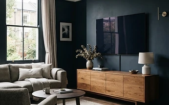 Large Smart TV in a modern British living room displaying a streaming channel list