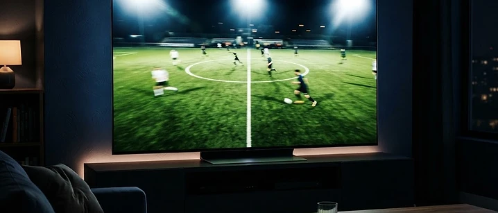Television showing a floodlit sports pitch in a dark living room, illustrating IPTV sports streaming quality checks in the UK