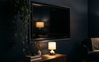 Dark living room wall with a large blank television reflecting warm light beside a trailing houseplant