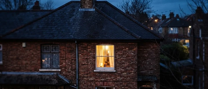 Satellite dish on the chimney of a British brick house at dusk with a warm lit window below