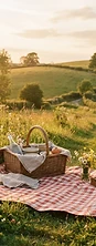 Sunlit countryside picnic in a green meadow