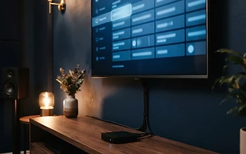 Android TV streaming box on a media shelf beneath a television showing a programme guide grid