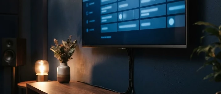 Android TV streaming box on a media shelf beneath a television showing a programme guide grid
