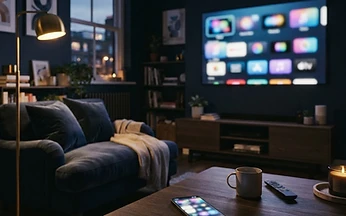 Living room television showing a colourful grid of streaming app tiles with a phone on the coffee table