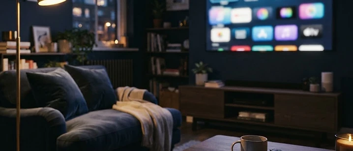 Living room television showing a colourful grid of streaming app tiles with a phone on the coffee table