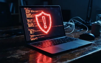 Laptop in a dark room displaying a glowing red warning shield, representing the security risks of free IPTV in the UK