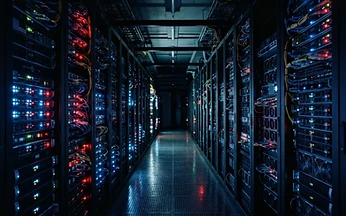 Dark server room corridor with glowing status lights receding into perspective, illustrating the Xtream Codes API used by IPTV players