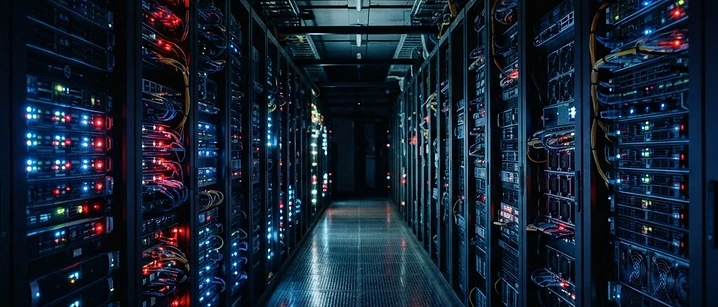 Dark server room corridor with glowing status lights receding into perspective, illustrating the Xtream Codes API used by IPTV players