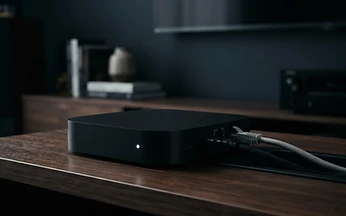Compact black set-top box with glowing status LED and cables on a dark shelf, illustrating MAG box IPTV setup in the UK