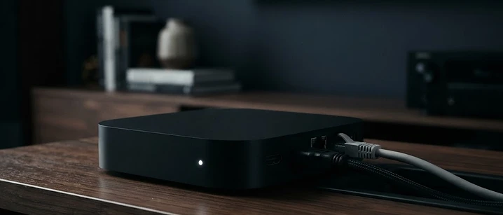 Compact black set-top box with glowing status LED and cables on a dark shelf, illustrating MAG box IPTV setup in the UK