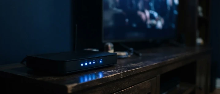 Home broadband router with blue status lights on a shelf