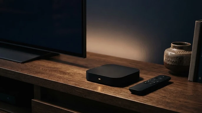Streaming device and remote control on a shelf beside a television, illustrating Fire TV IPTV setup and maintenance