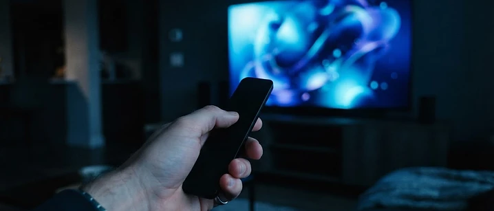 Hand holding a remote control pointed at a glowing television in a dark living room
