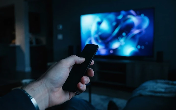 Hand holding a remote control pointed at a glowing television in a dark living room