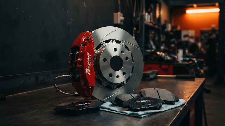 Elbow Grease Automotive brake service graphic: pads, rotors and brake fluid.