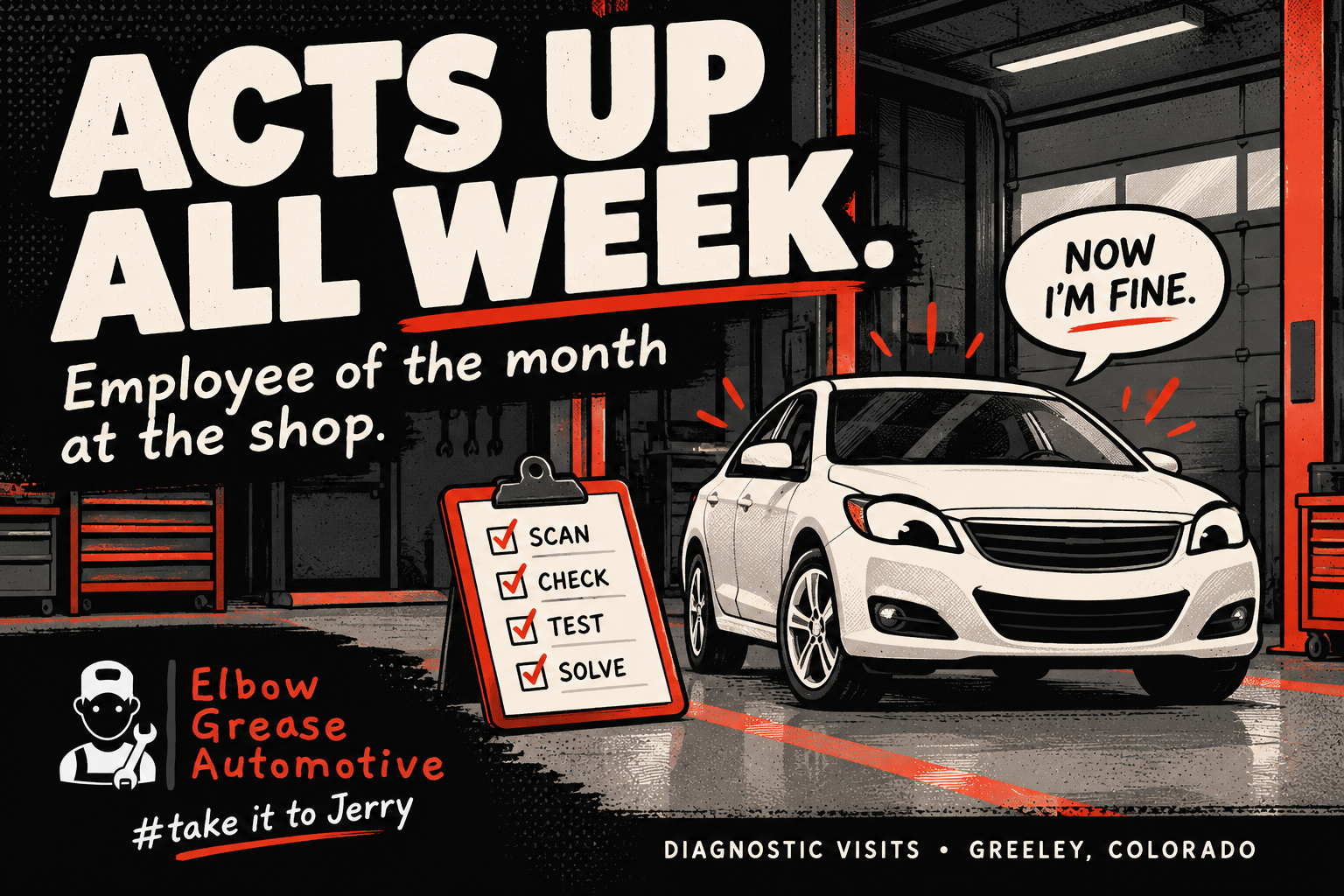 Acts up all week. Employee of the month at the shop. Elbow Grease Automotive in Greeley.
