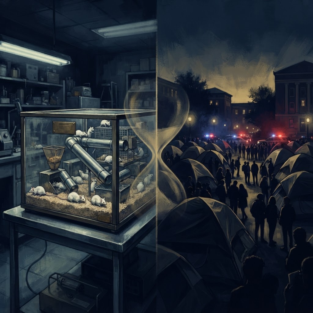 Split illustration: a 1970s mouse utopia enclosure beside a modern American campus protest