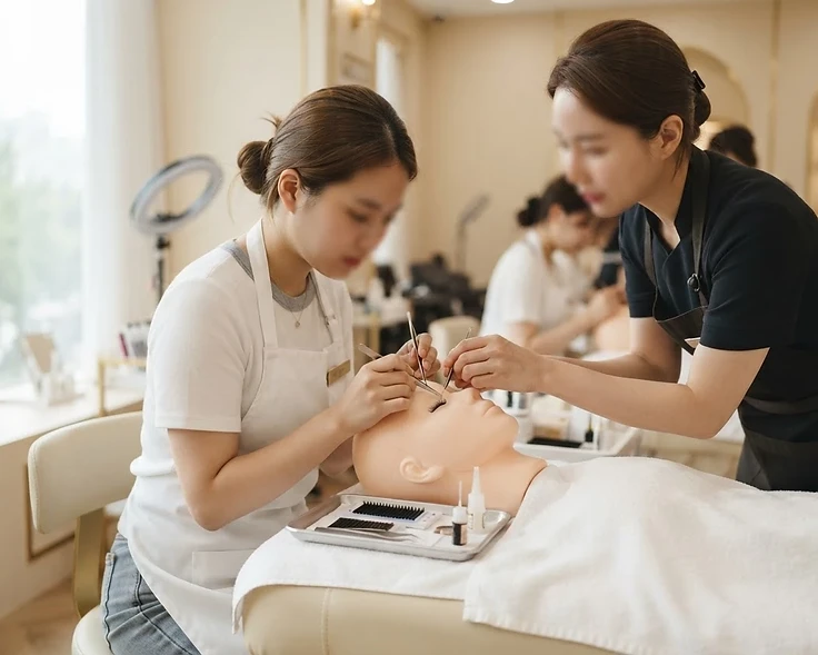 Student practising lash extensions on a training head